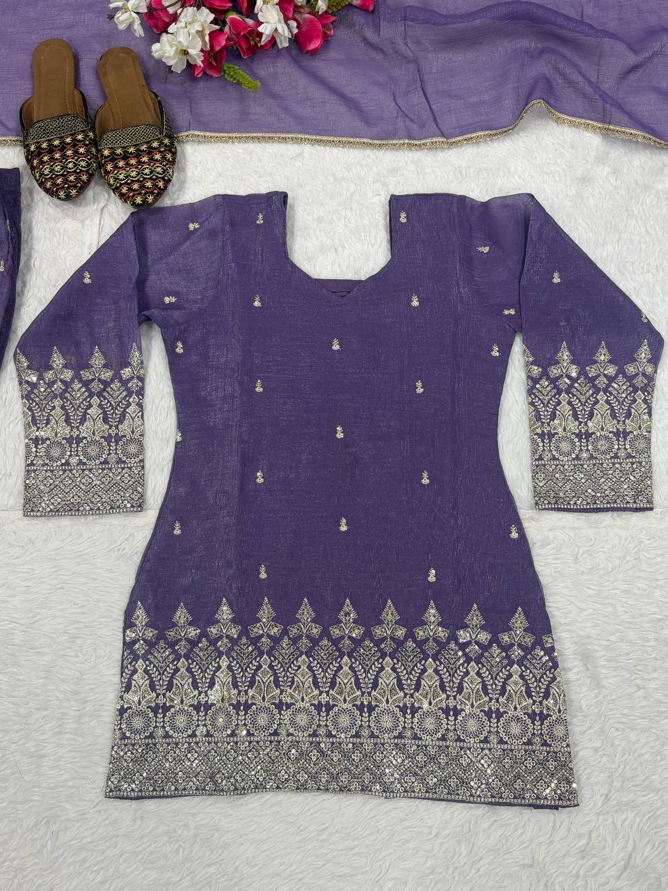 Elegant Lavender Embellished Kurta and Flared Sharara Set Featuring Intricate Silver Zari Embroidery and a Sheer Matching Dupatta